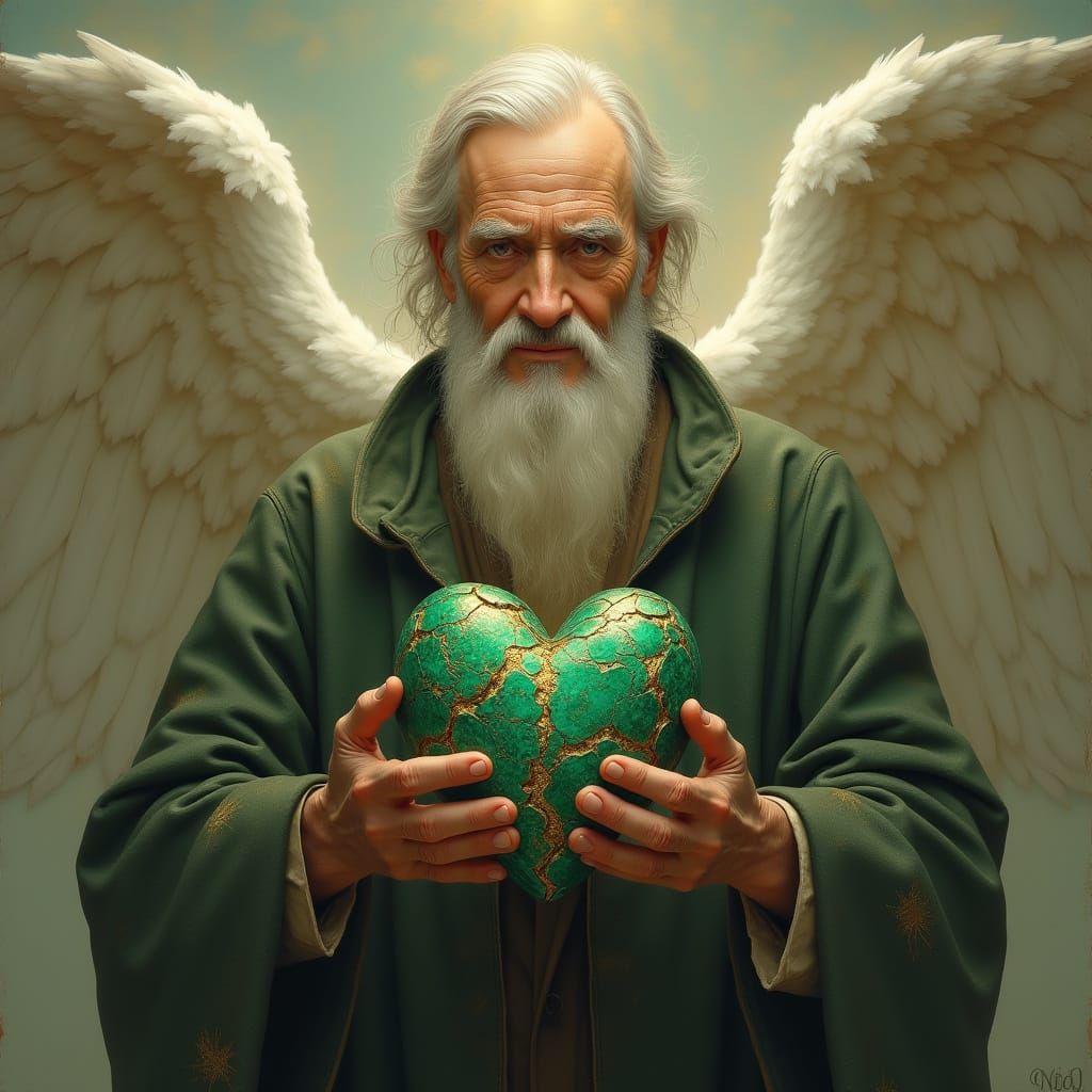 Aged Manservant Mends Emerald Heart with Golden Kintsugi Mag...