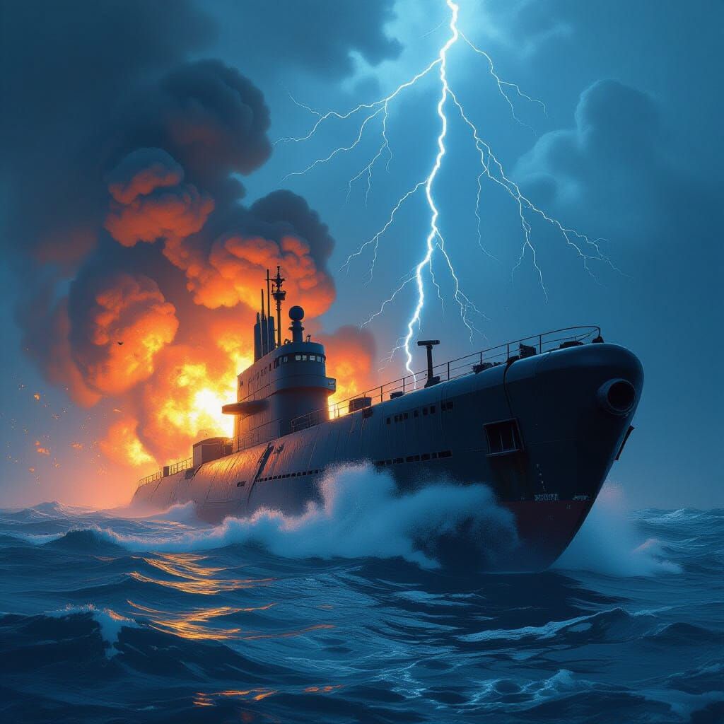Submarine Explodes in Stormy Sea