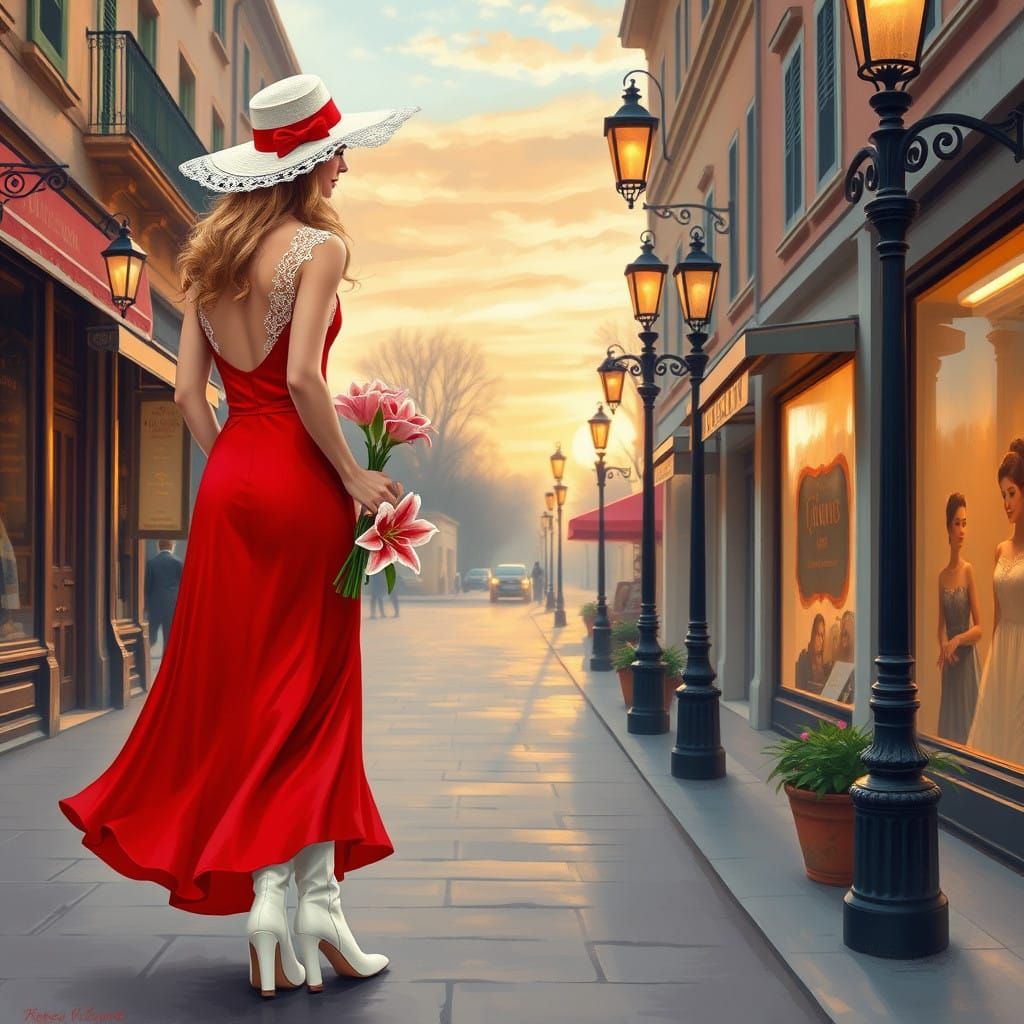 Elegant Lady Strolls to Dinner Party in French Impressionist...