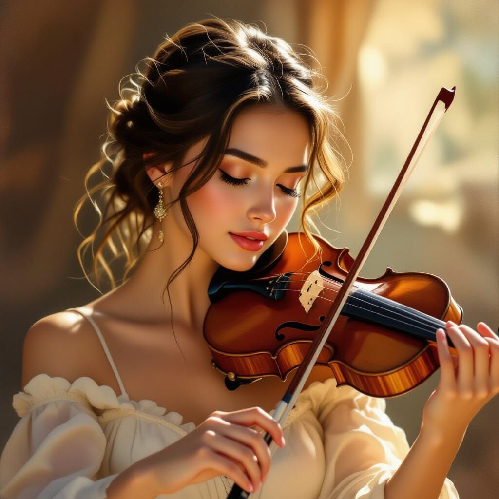 Young Woman Playing Violin in Warm Sunlight