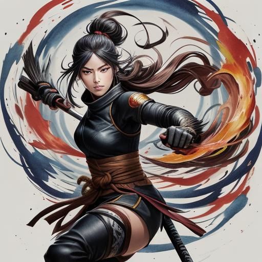 Katana Ninja Girl in Vibrant Watercolor Manga Style