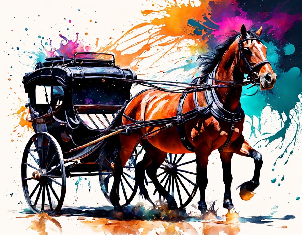 Vintage Carriage Merges With Vibrant Wet Ink Splash Art