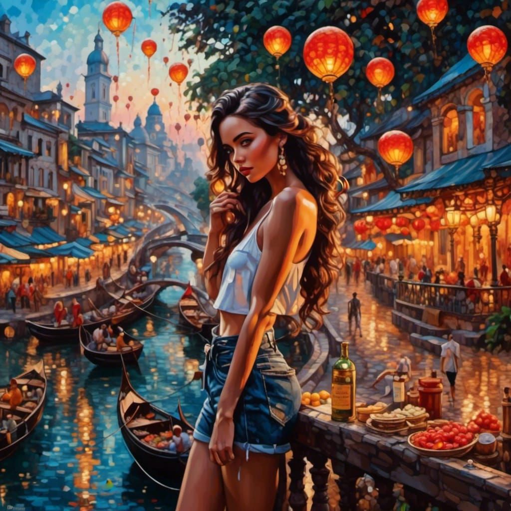 Brunette Walks Miami Beach at Sunset in Vaporwave Style