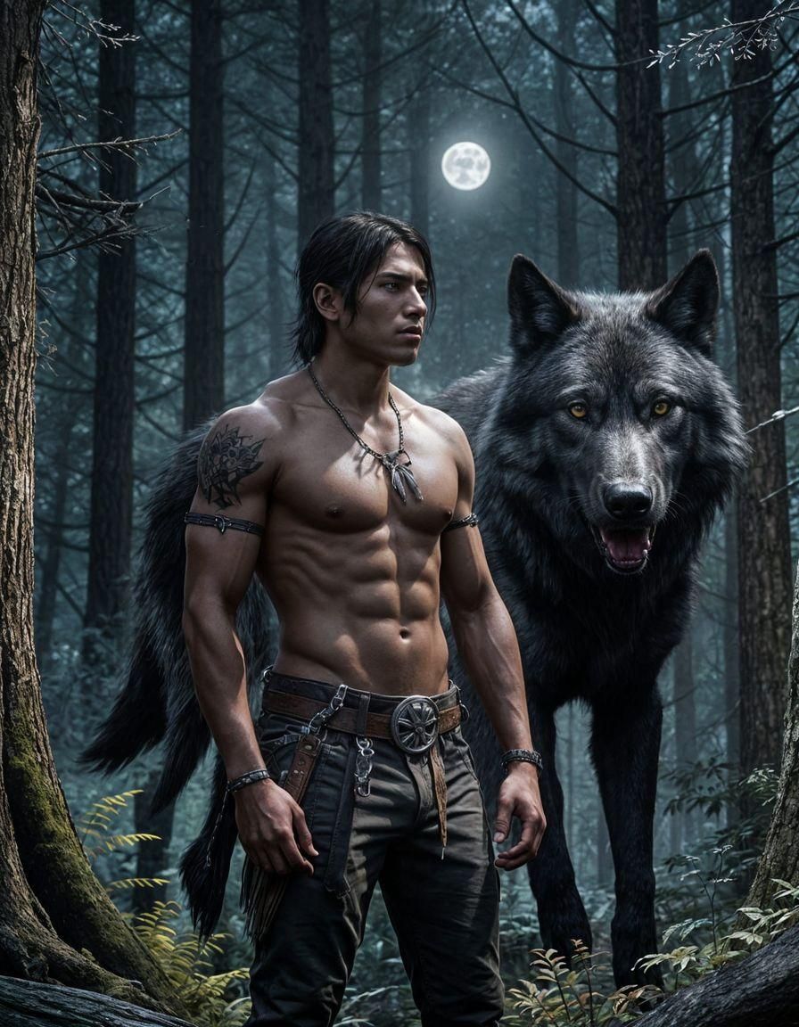 Native American Man and Black Wolf in Anime Style