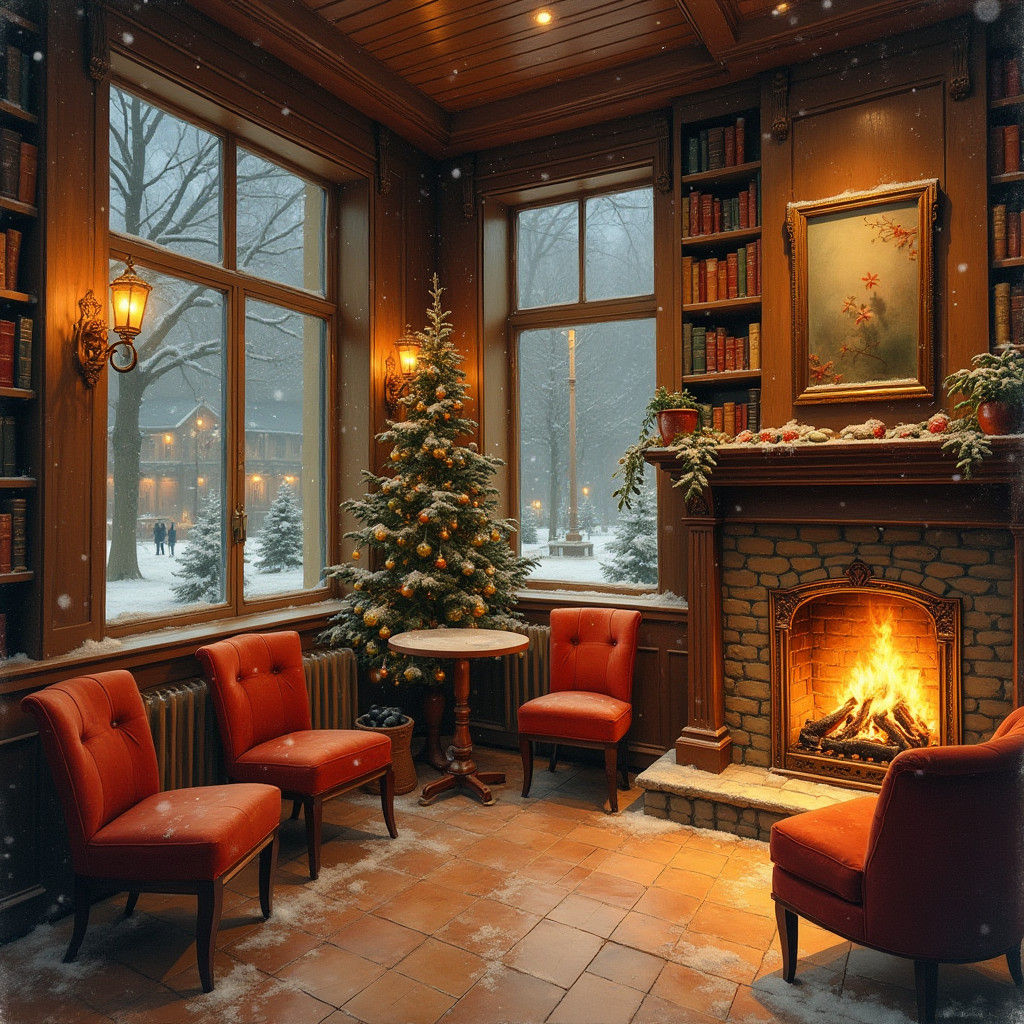 Inviting Winter Coffee Shop Scene in Impressionist Style