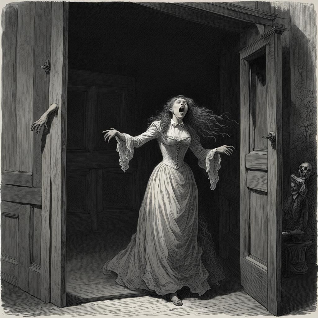 Screaming Woman in Haunted House: Horror Illustration