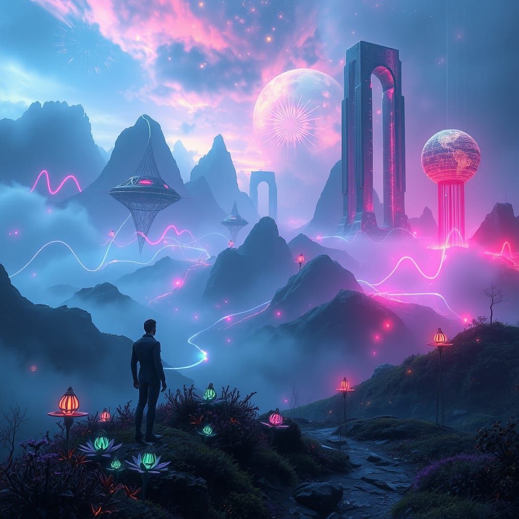 Surreal Futuristic Landscape with Mystical Atmosphere and Gl...