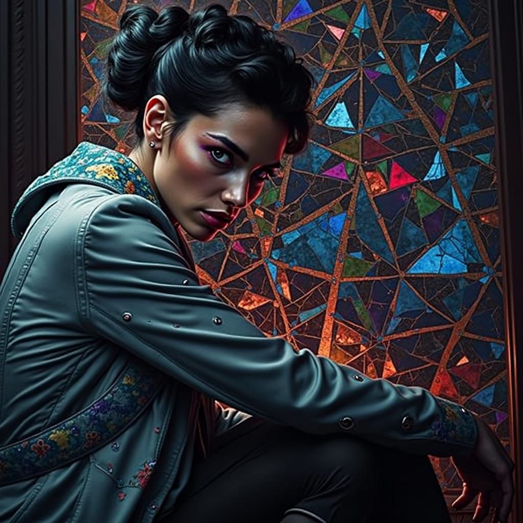 Flamboyant Woman with Geometric Overlay