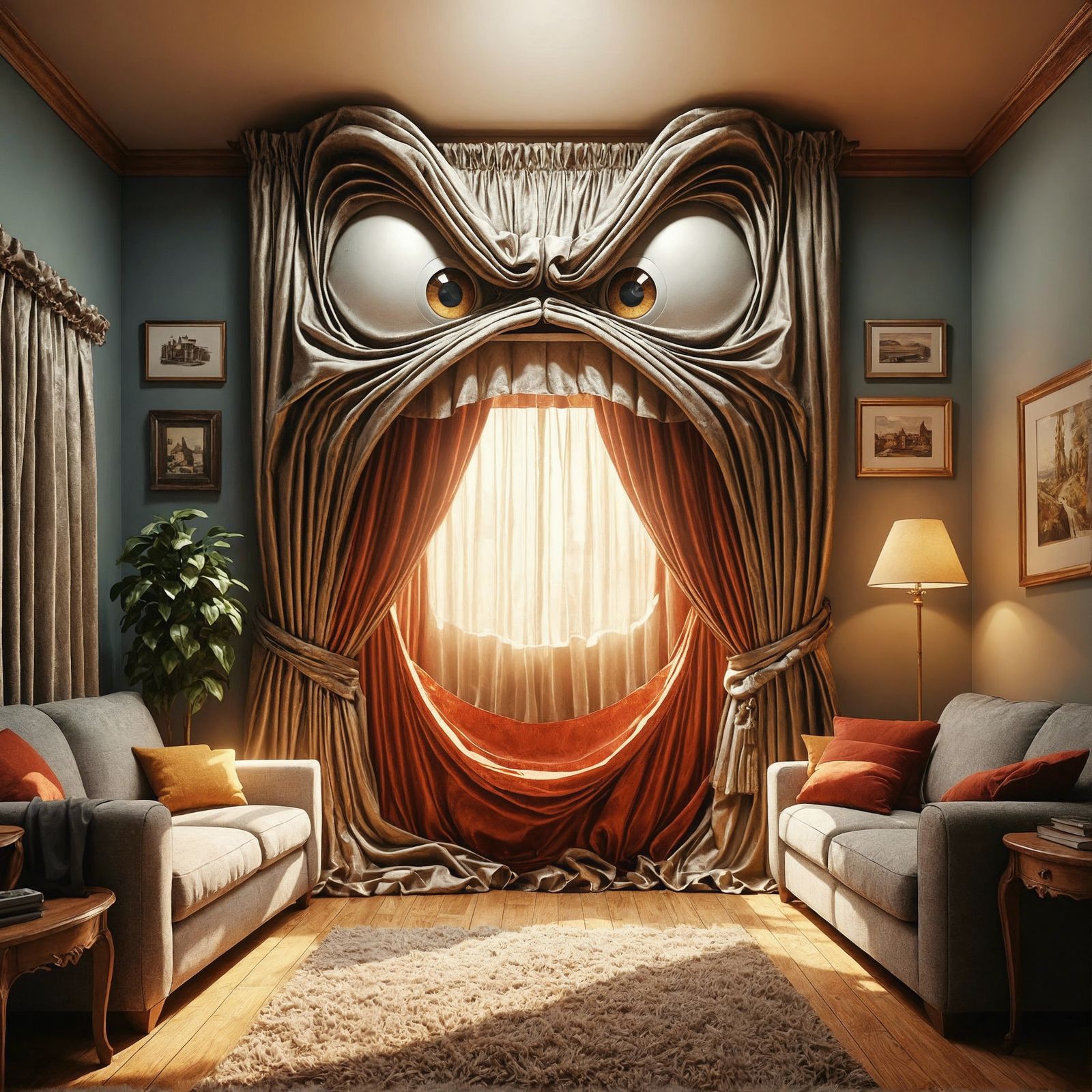 Furious Anthropomorphic Drapes in Cartoon Living Room