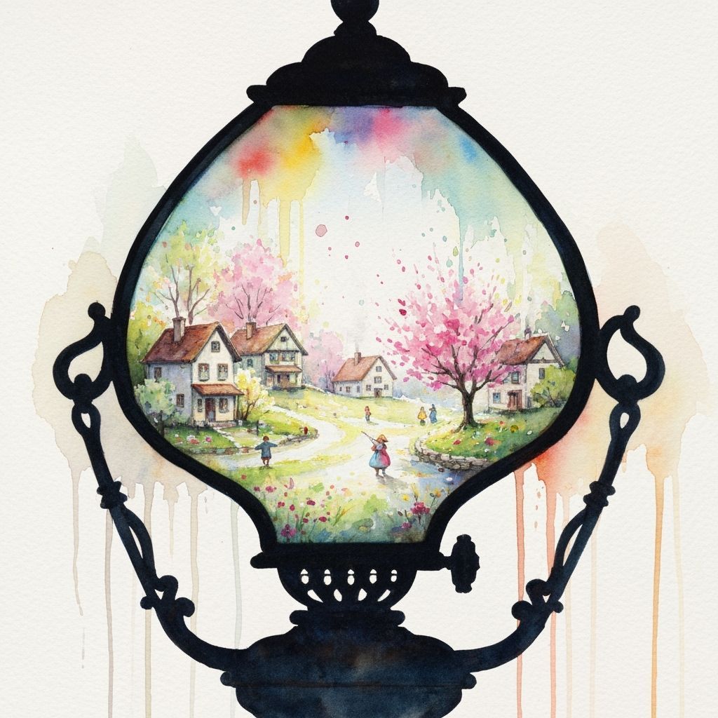 Watercolor Painting of Lamp Revealing Miniature Village