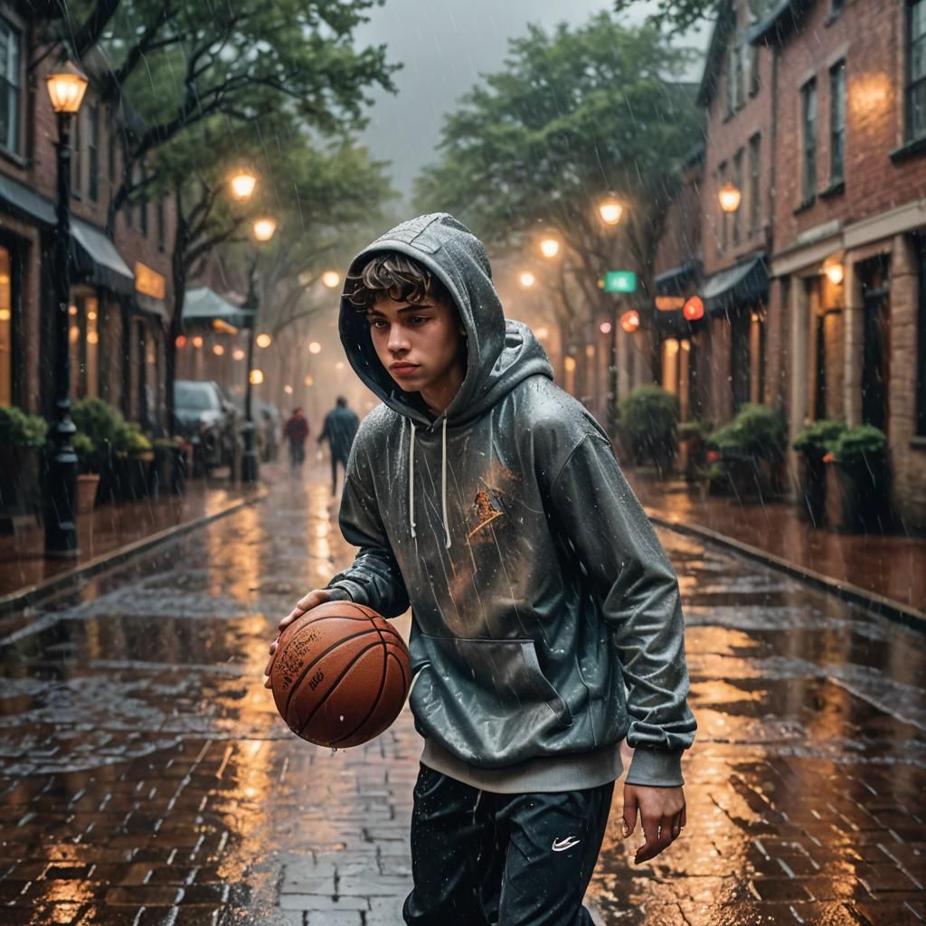 Boy Plays Basketball in Rain: Ethereal Fantasy Photo