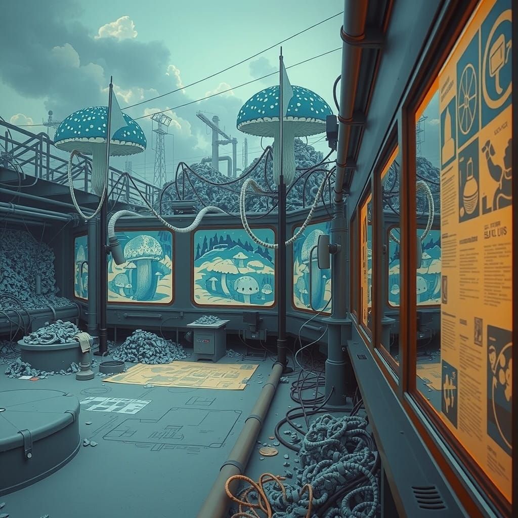 Surreal Mushroom Convention in Industrial Green