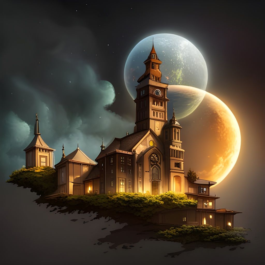 Steampunk Moon Village at Night: Digital Illustration