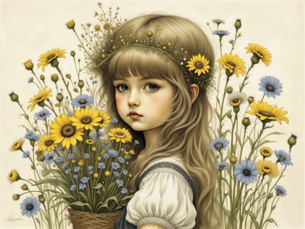 Whimsical Girl Among Blooming Flowers in a Dreamy Landscape