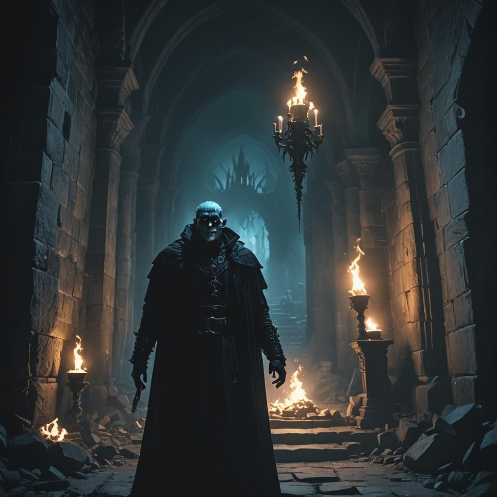 Gothic Castle: Figure Confronts Death in Shadows