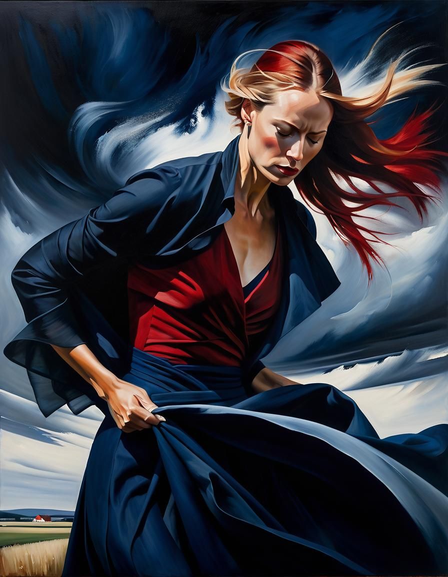 Woman in Windstorm: Oil Painting in Dark Academia Style