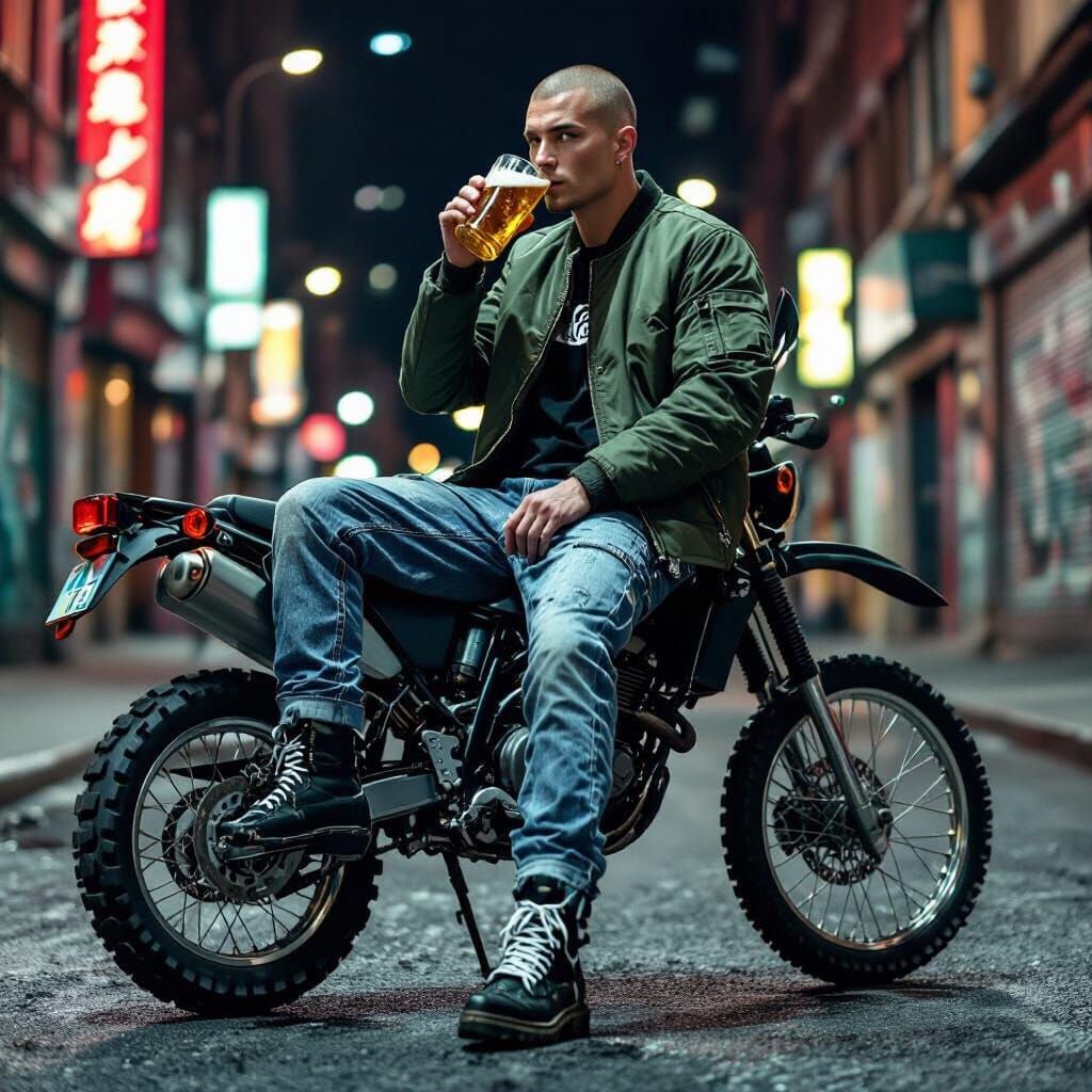 Skinhead on Enduro Bike on Urban Street