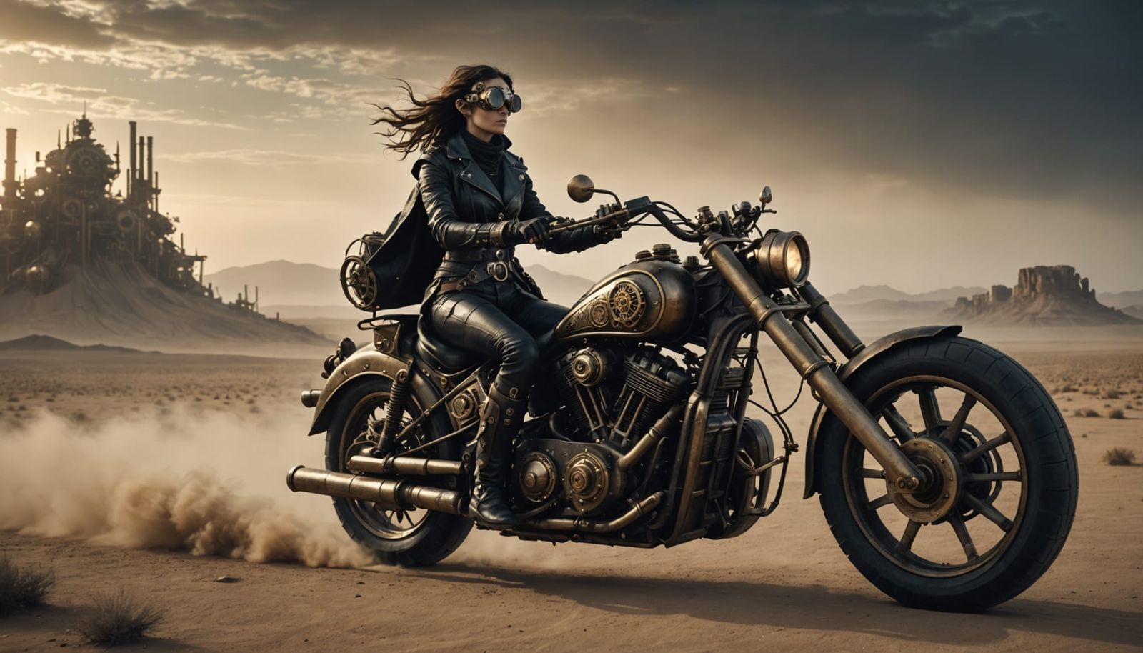 Steampunk Biker Woman in Foggy Desert Landscape