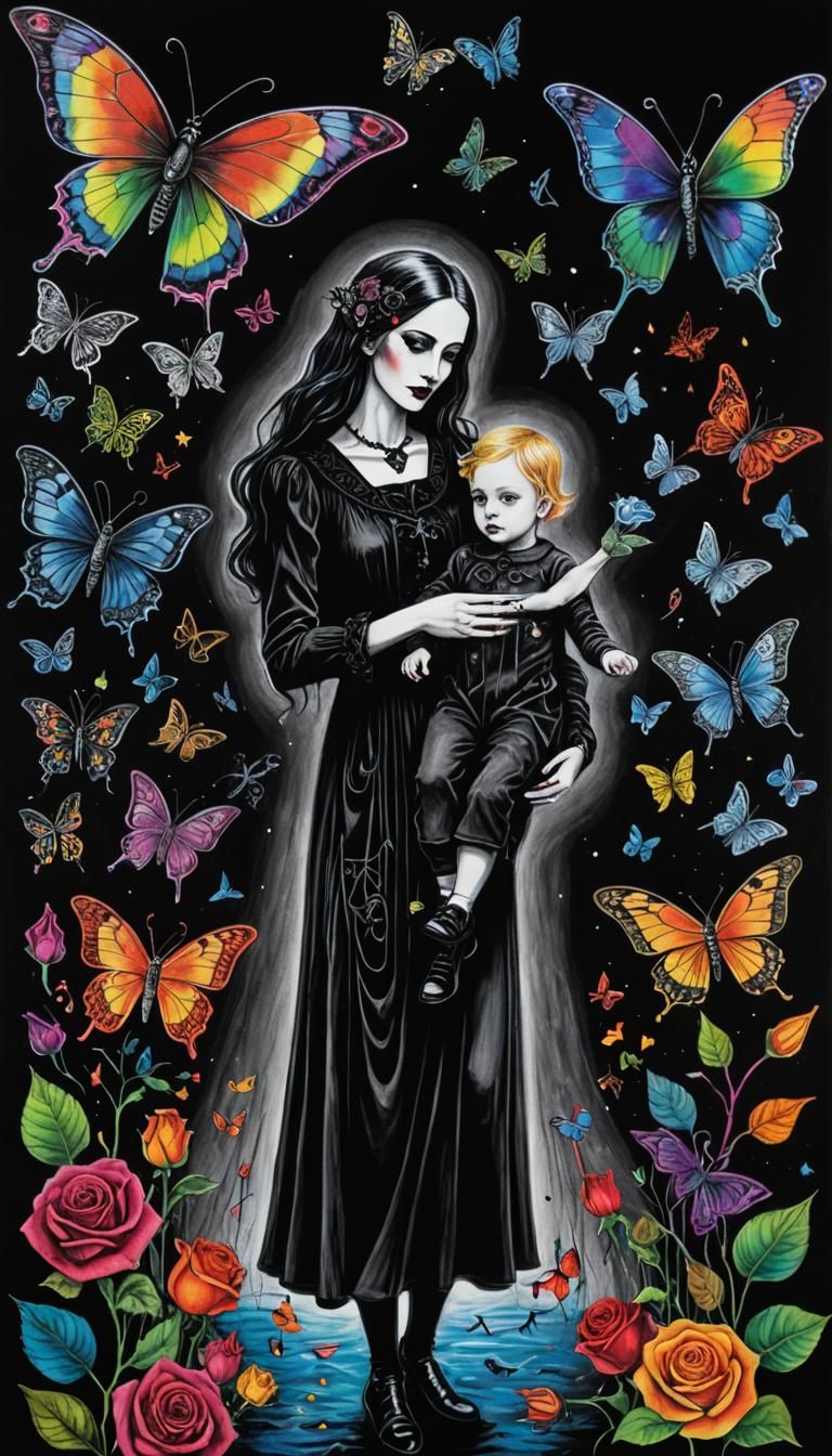 Gothic Mother and Child: Surreal Crayon Drawing
