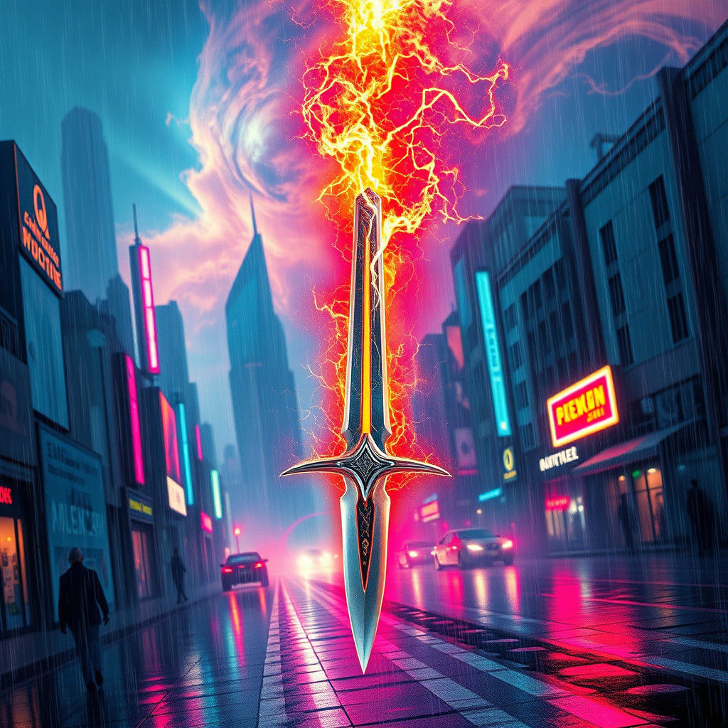 Cyberpunk Sword with Fiery Blade in Dystopian City