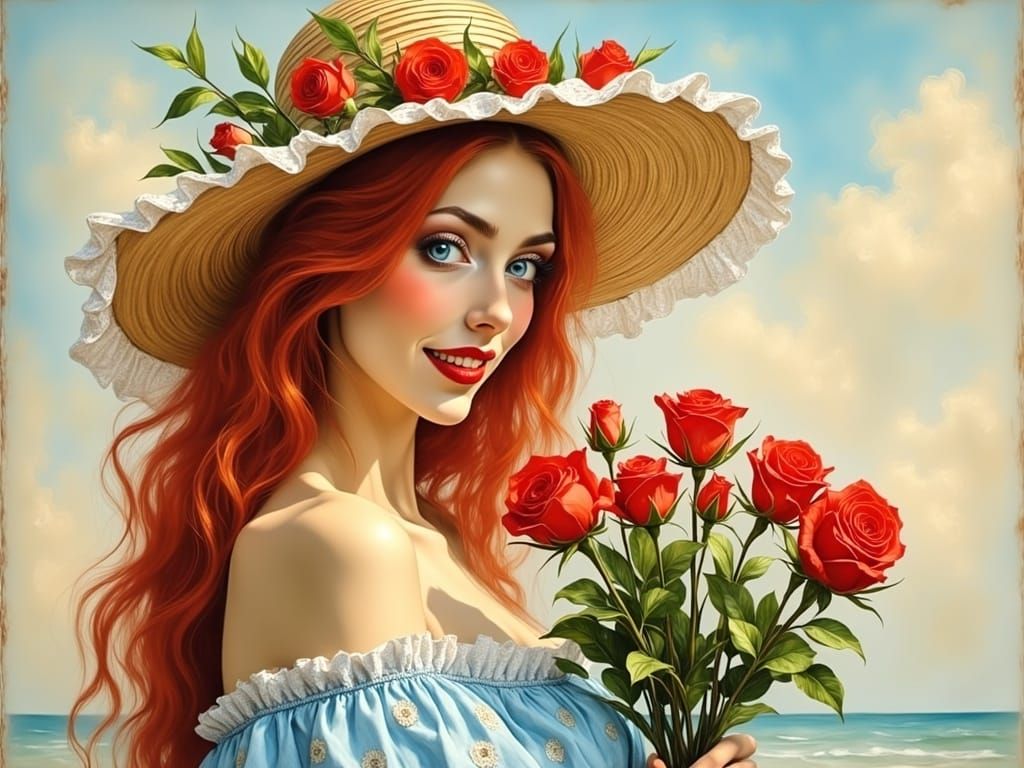 Ethereal Summer Goddess in Folk Art Style