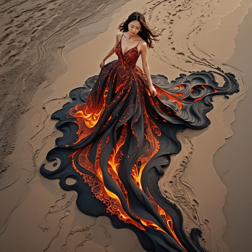 Lava Dress: A Fiery Digital Watercolor Masterpiece