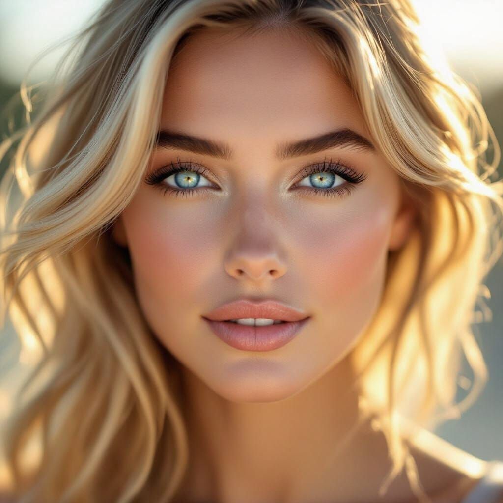 Photorealistic Portrait of a Woman with Blue Eyes and Blonde...