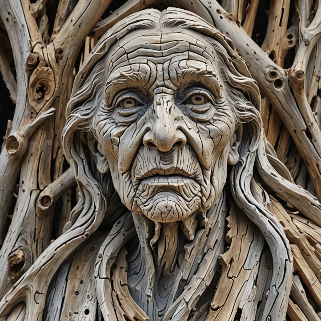 Driftwood Statue of an Old Woman in Chiaroscuro