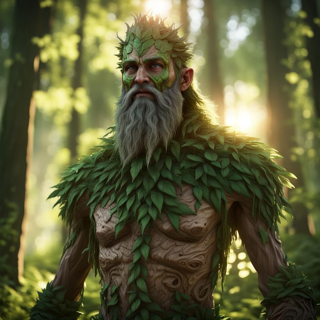 Wooden Forest Guardian with Leaf Hair in Sunlight