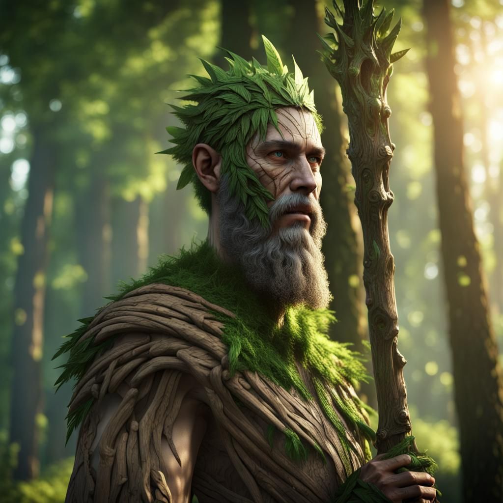 Wooden Forest Guardian with Leaf Hair