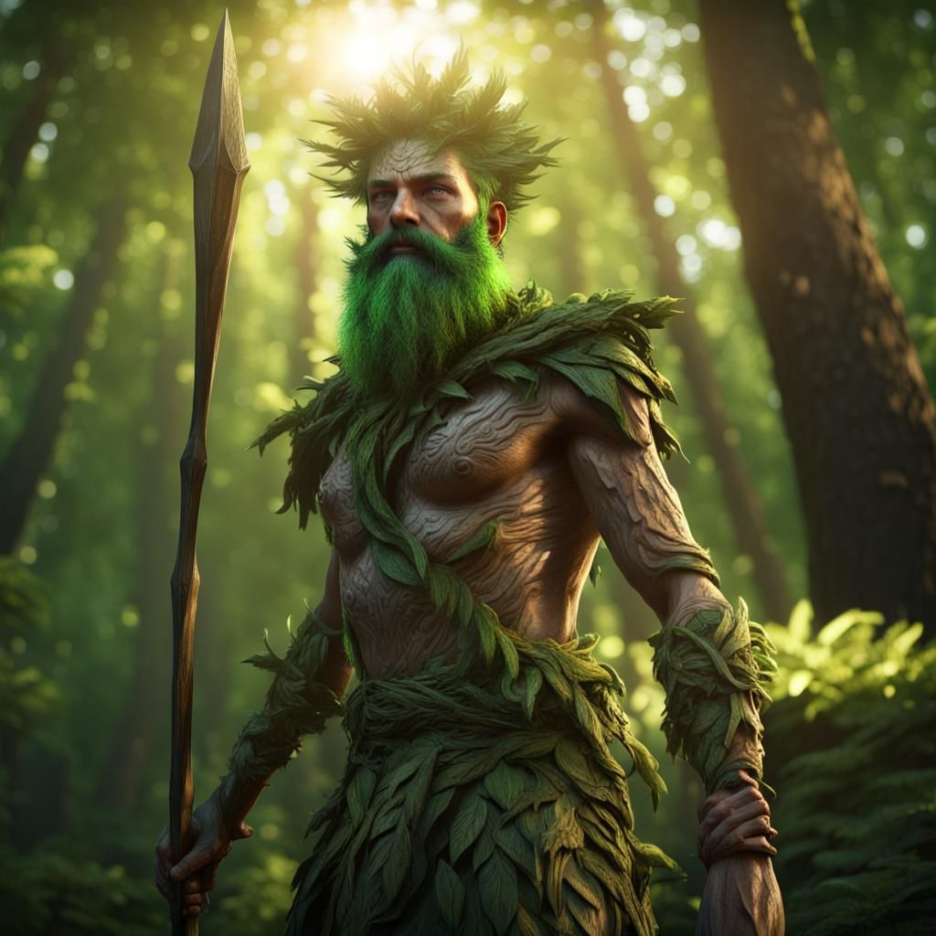 Wooden Forest Guardian with Leaf Hair in Sunlight