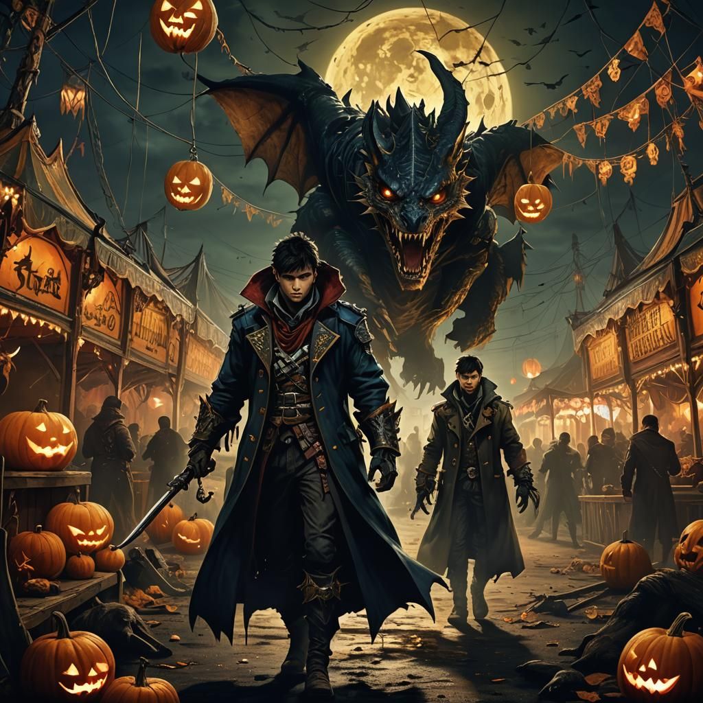 Monster Hunter in Haunted Carnival: Dark Fantasy Art