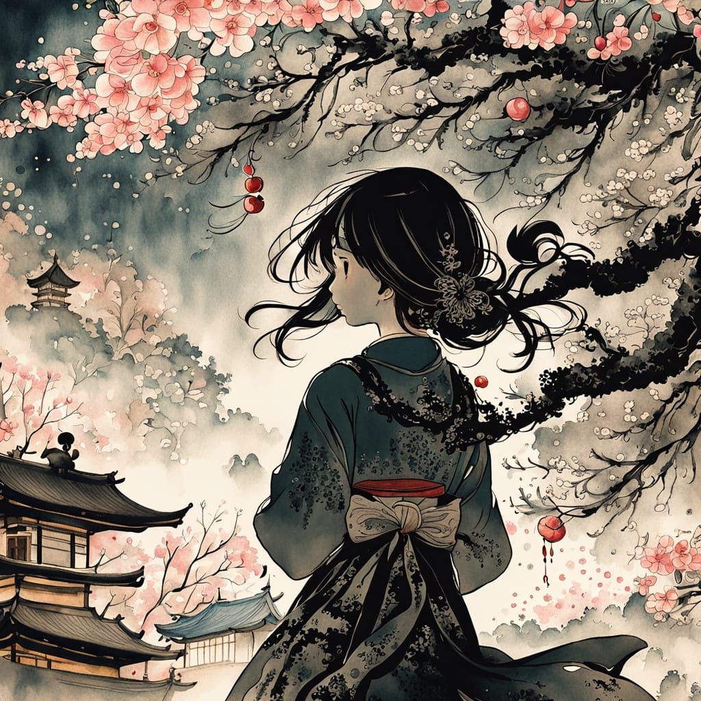 Botanical Ink Drawing of Cherry Blossoms