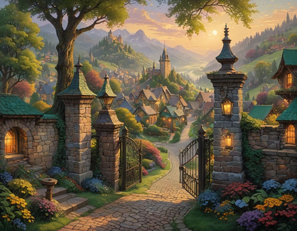 Pointillist Valley View Through Old Town Gate