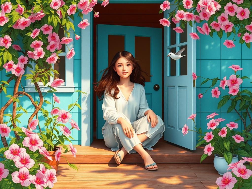 Dreamy Woman in Garden, James Jean and Charley Harper Style