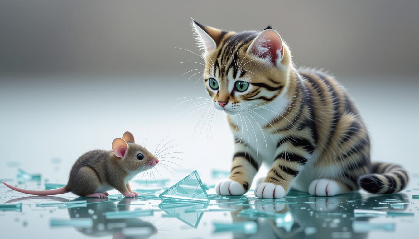 Broken Glass Cat Figurine with Mouse in HDR