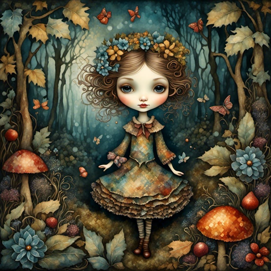 Whimsical Girl in Forest, Illustrated Style