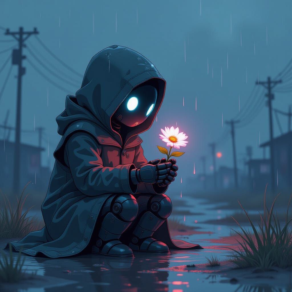 Robot Guards Flower in Rainy Wasteland, Manga Style