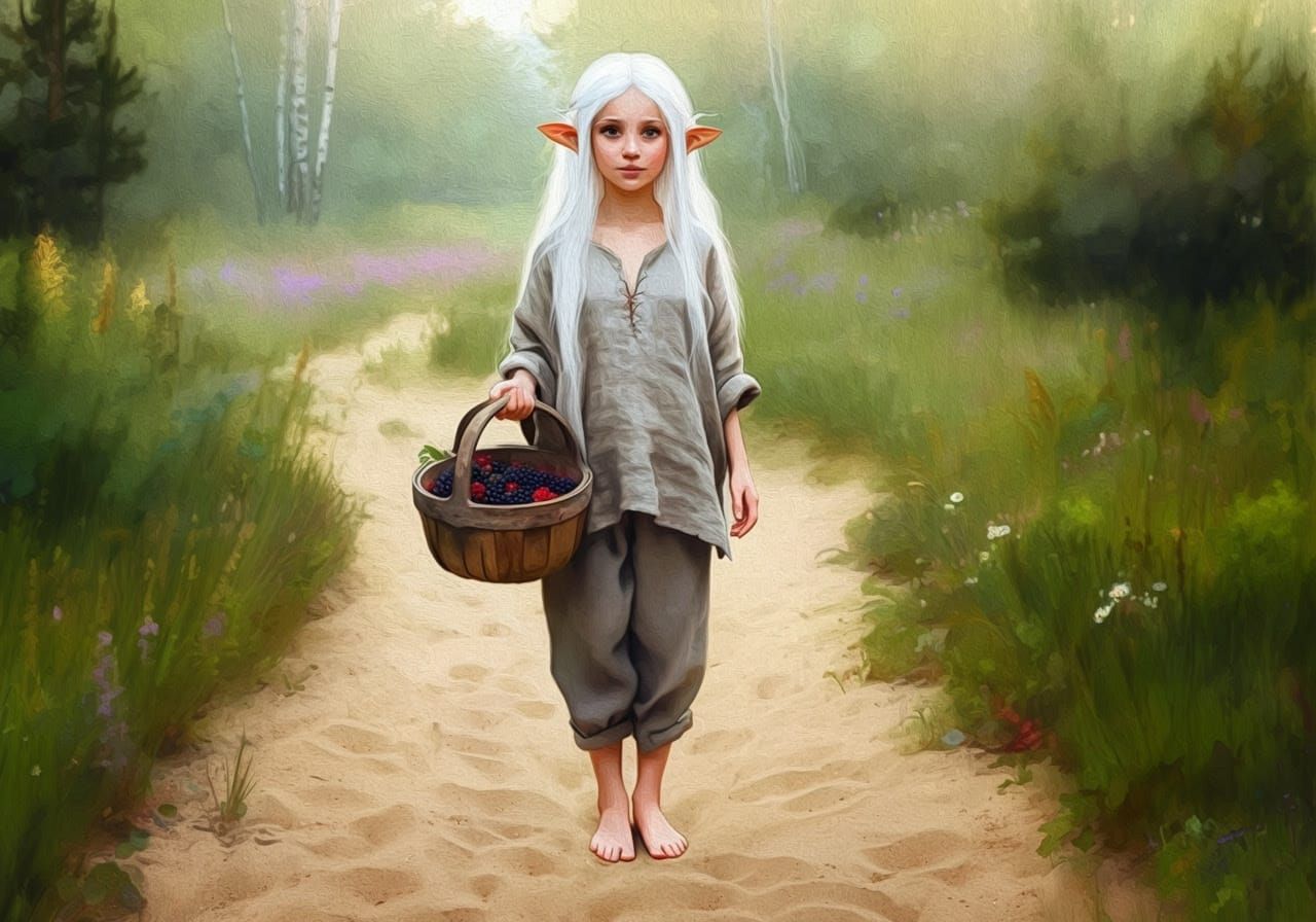 Elven Girl Gathering Berries in Impressionist Style