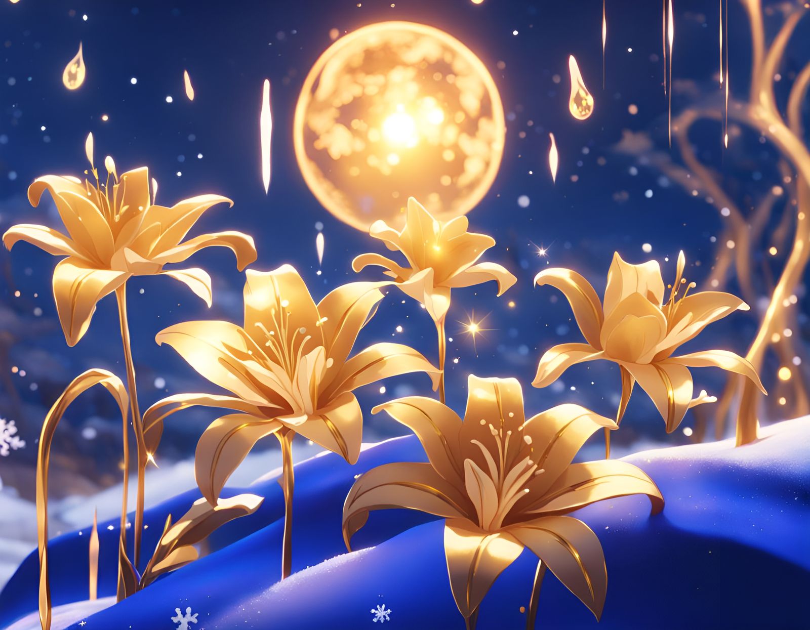 glaze lilies from the game Genshin Impact dripping in gold magic against royal blue velvet fabric and snow in January du...