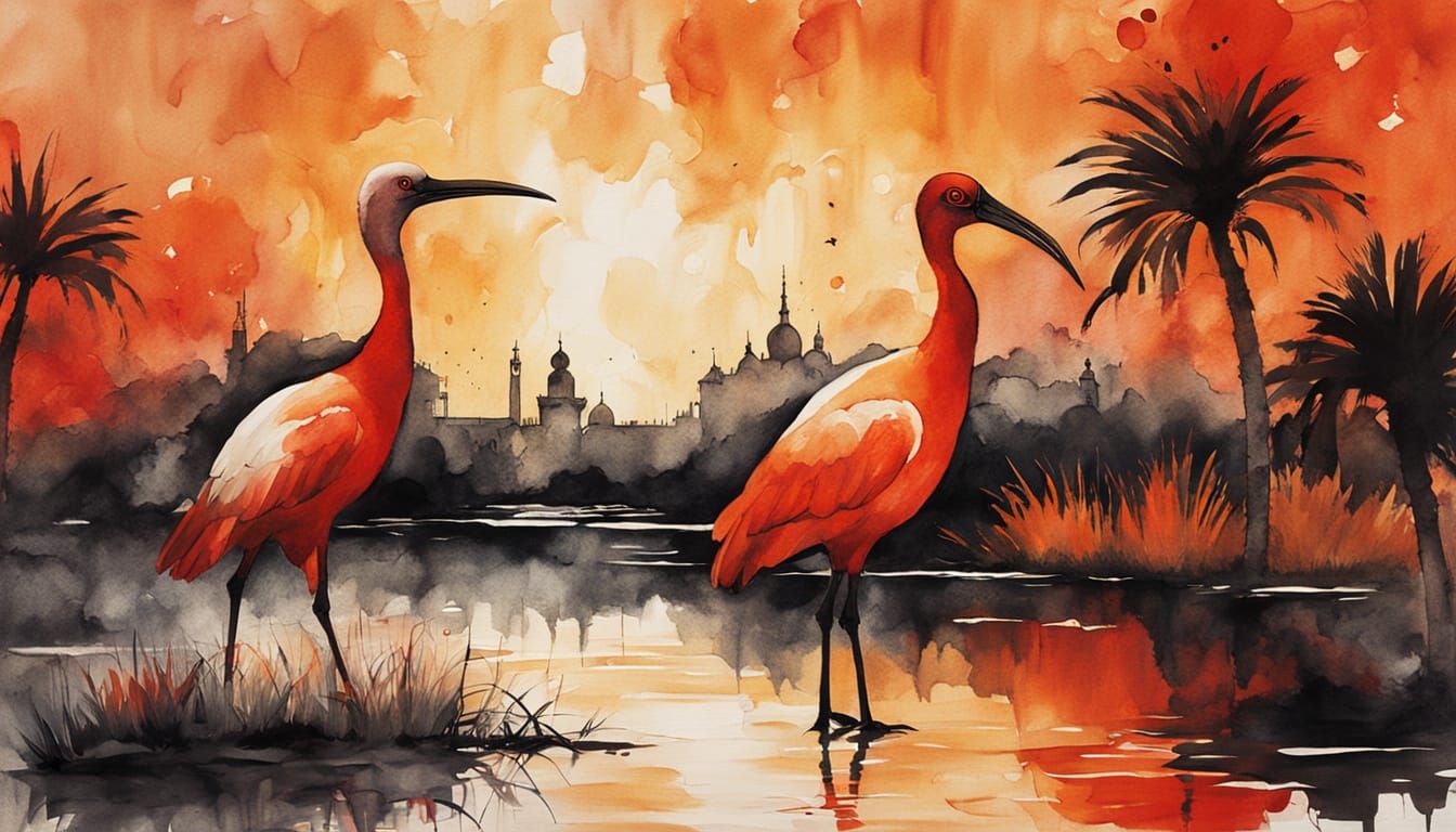 Ancient Babylonian Ibises at Sunset in Vibrant Watercolor
