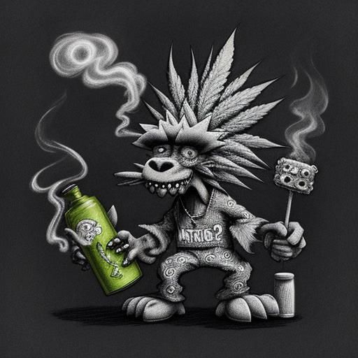 Cartoon Plushie Monsters with Marijuana, Charcoal Drawing
