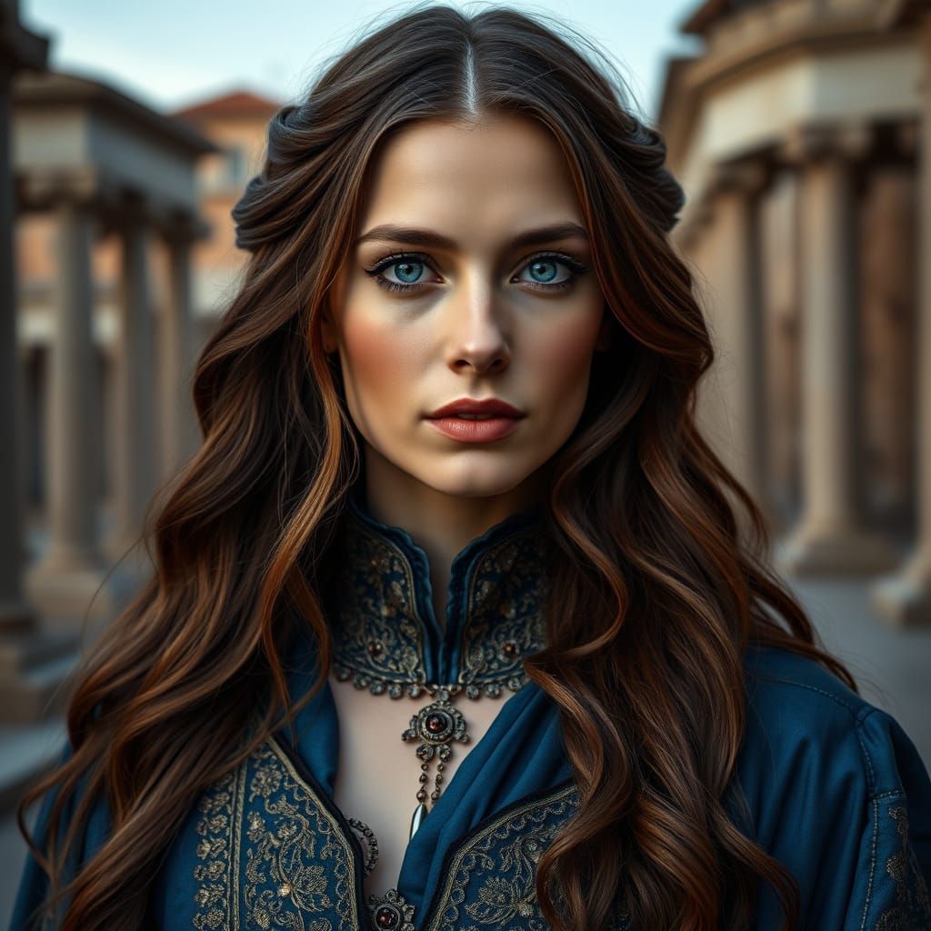 Classy Woman in Medieval Blue Attire, Roman City Evening