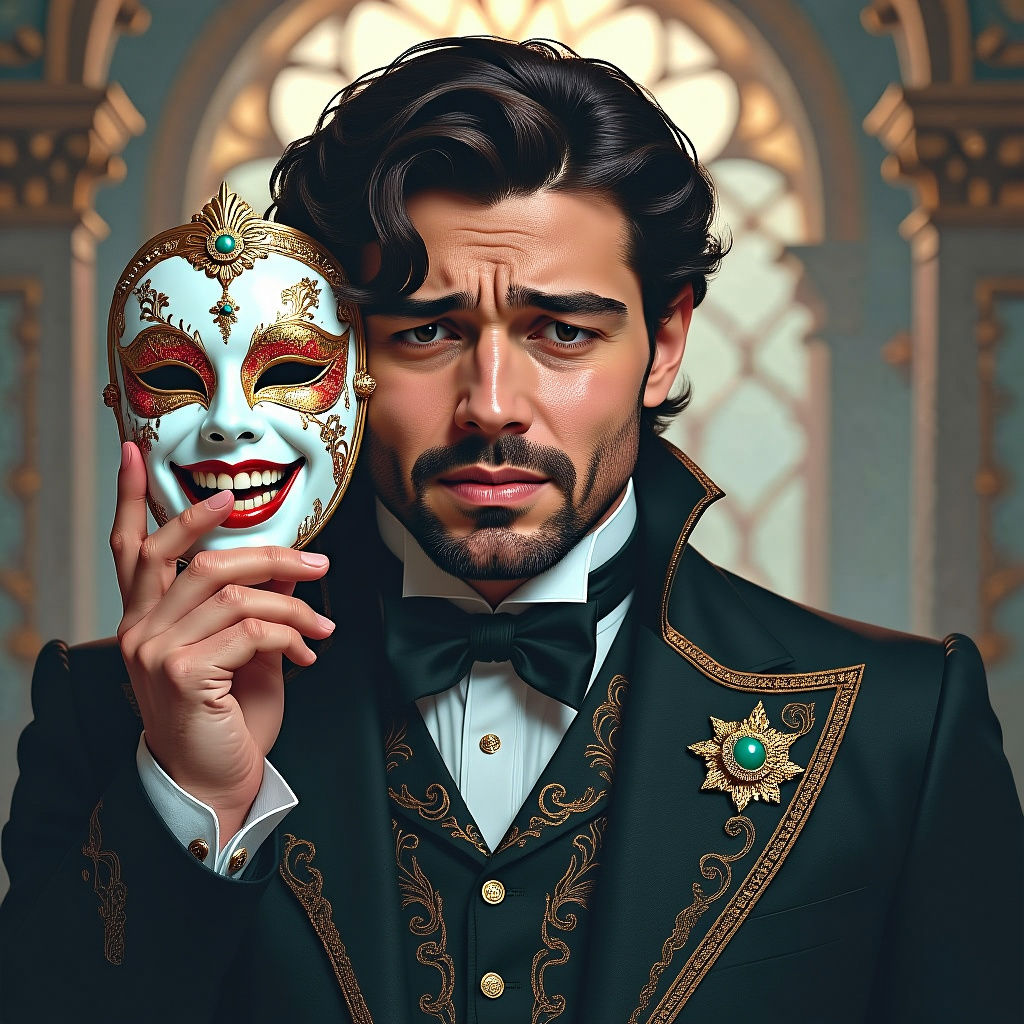 Sad Man Holding Happy Mask: Hyperdetailed Portrait