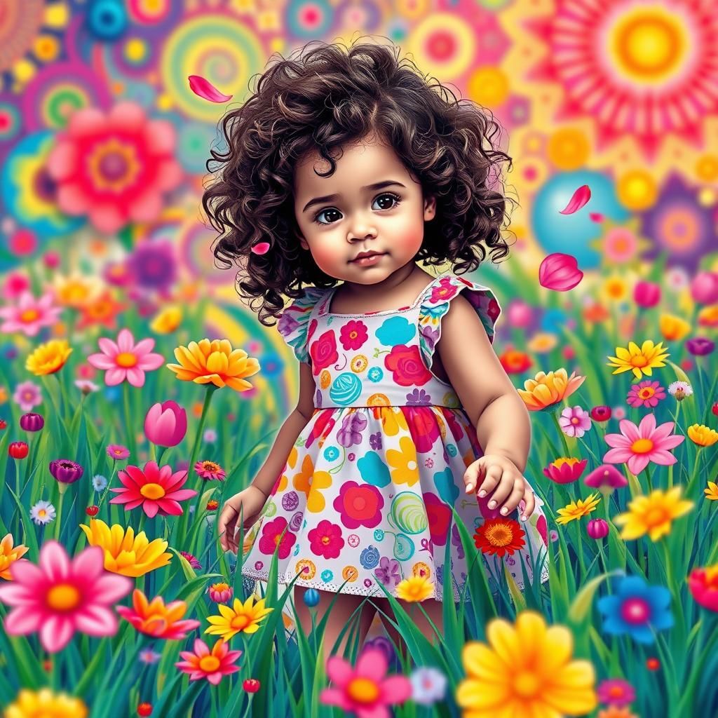 Girl in Flower Field with Zentangle Fractals