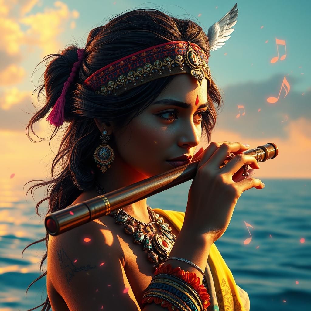 Indian Girl Plays Musical Flute: Concept Art