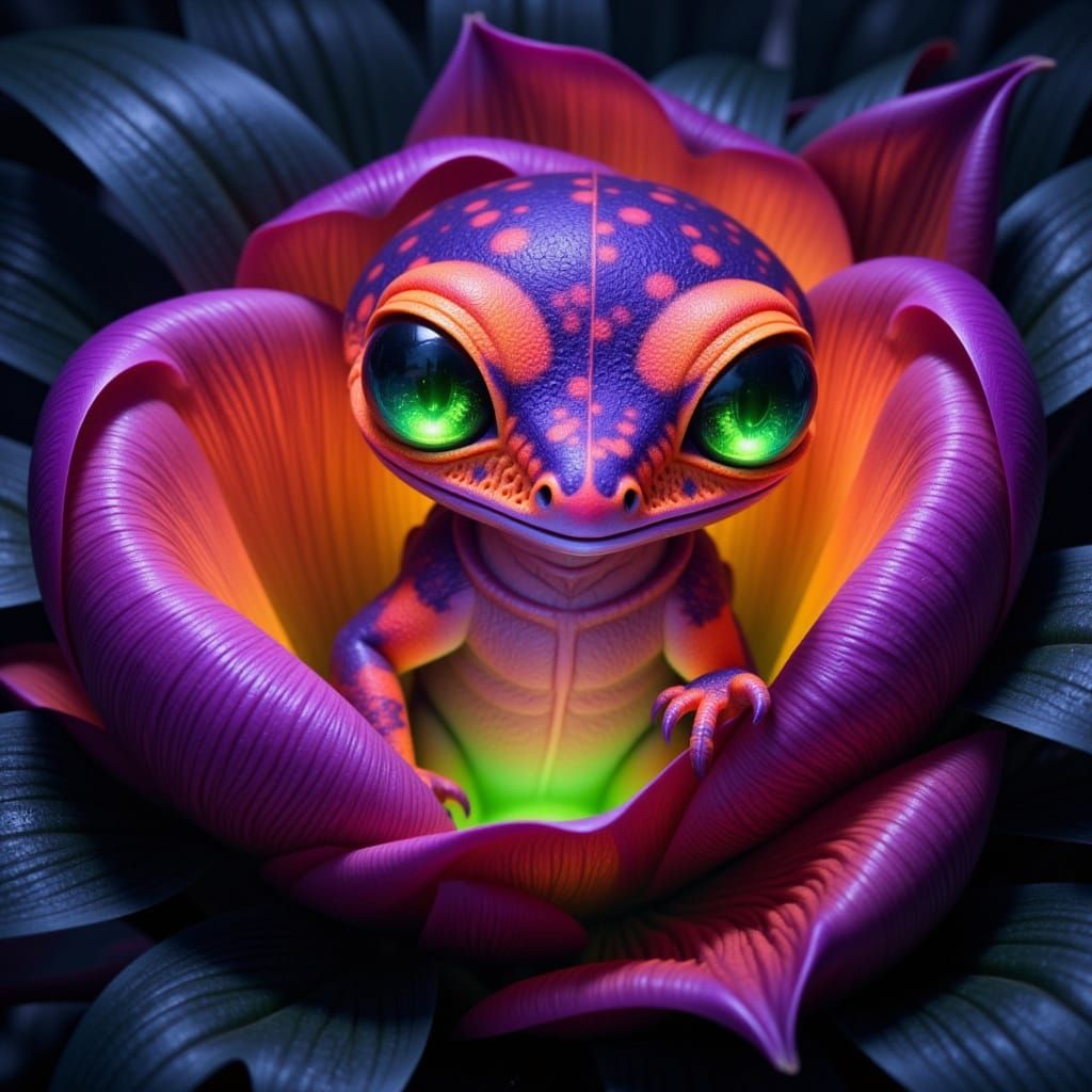 Cute Glowing Lizard in Exotic Flower, Dark Forest
