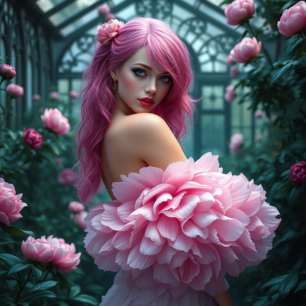 Peony Dress in Gothic Greenhouse, Digital Art