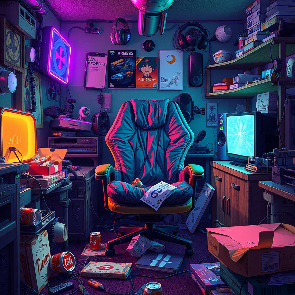 Cluttered Gamer Room in Futuristic Realism