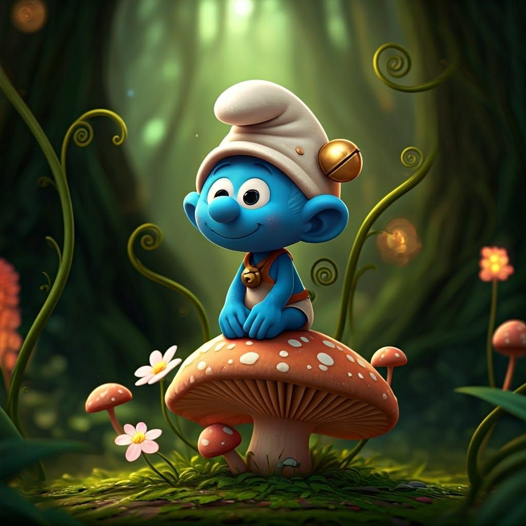 Vibrant Chibi Smurf in Whimsical Forest Scene